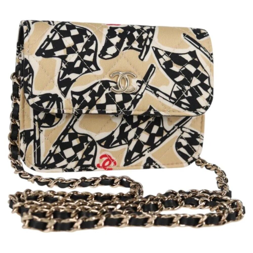 Chanel Flap Card Holder On Chain Quilted Printed Canvas Beige Nylon Shoulder Bag